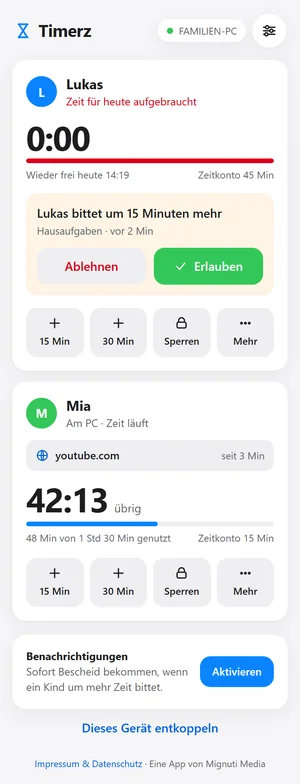 Timerz Eltern-App auf dem Handy: Restzeit der Kinder, Anfrage um mehr Zeit und aktuelle Website.